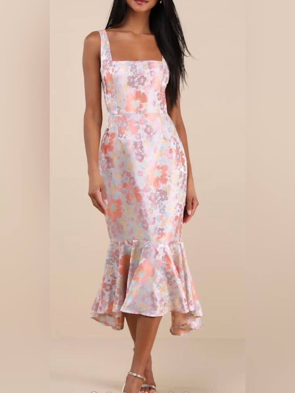 Lulu's Pastel Floral Satin Mermaid Midi Dress - Peach & Blush